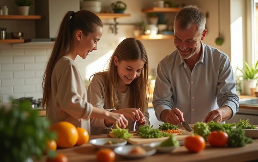 Family preparing a healthy meal together at home
