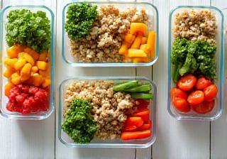 Colorful, prepped healthy meals in containers