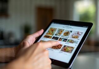 Hand browsing digital recipe collection on tablet