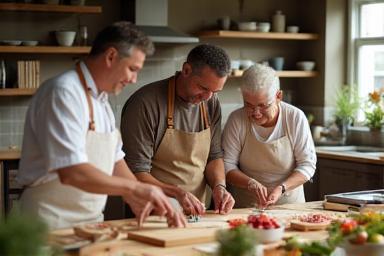 Family preparing meals in a group workshop