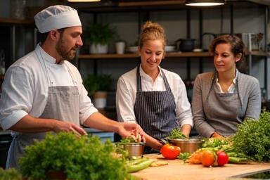 Chefs teaching plant-based cooking class